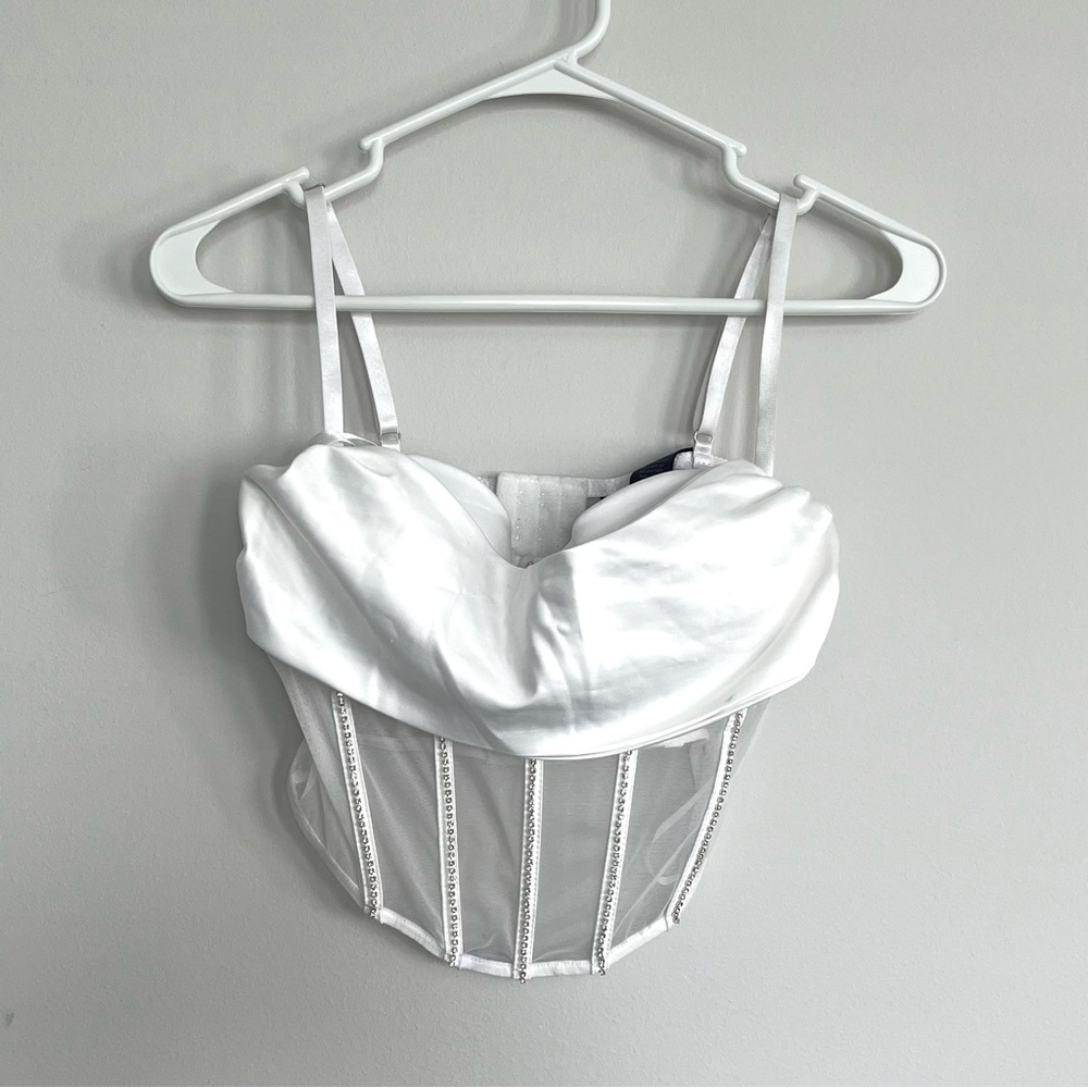 NEW White Mesh Corset with Cowl Neck and Rhinestones